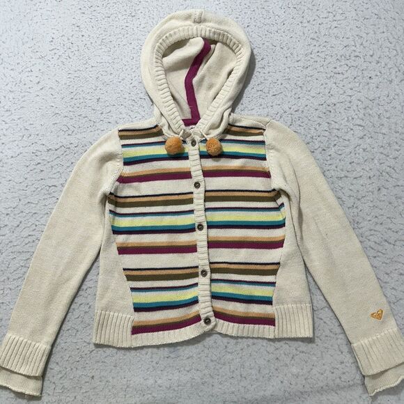 Roxy Girl Other - Roxy Girl 6X Button Down Hoodie Sweater Beige Striped Knit Boho Sweatshirt